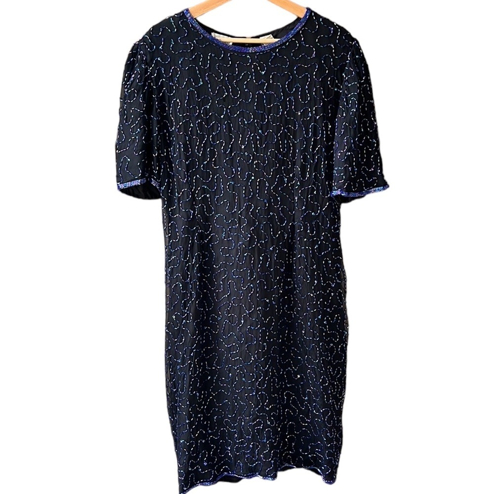 Denise Elle Vintage 80’s 100% Silk Fully Embellished Sheath Dress Iridescent